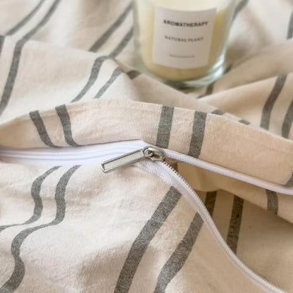 Mucalis Beige Duvet Cover Queen Size with Green Striped 100% Washed Cotton Duvet Cover Set Full Vintage 3 Piece Stripes Pattern Bedding Set with Zipper Closure Corner Ties,Durable,Breathable,Easy care
