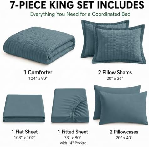 HIMEET King Comforter Set, 7-Piece Seersucker Bed in a Bag, Mineral Blue
