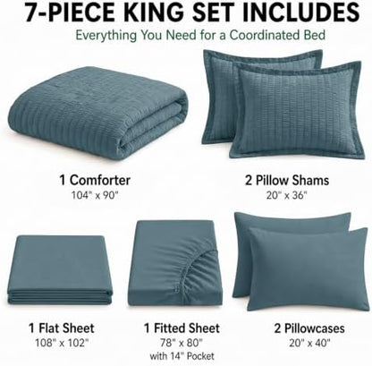 HIMEET King Comforter Set, 7-Piece Seersucker Bed in a Bag, Mineral Blue