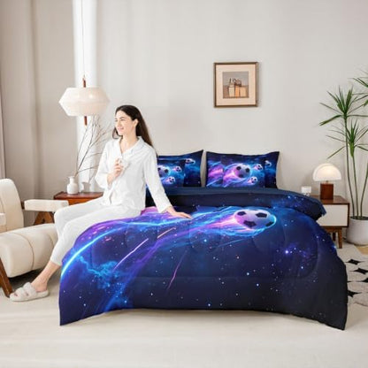 Feelyou Football Comforter Set with Sheets 7 Piece King Size Soccer Bedding Set for Kids Boys Girls Sports Theme Bed in a Bag Room Decor Soft Lightweight Microfiber
