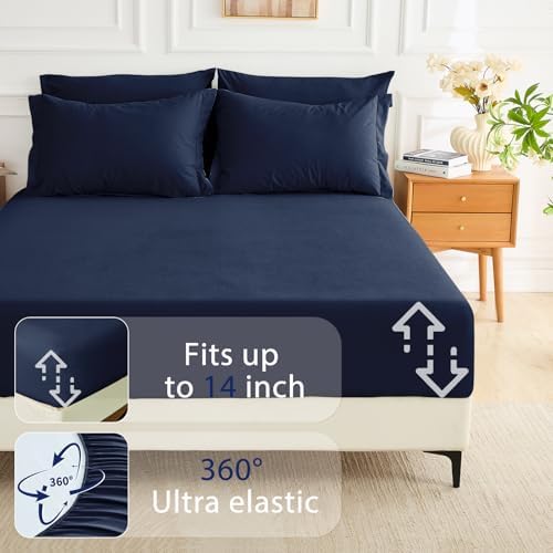 MUXHOMO 7 Pieces Oversized Queen Comforter Set, Soft Bed in a Bag Oversized Queen Size, All Season Bedding Set with Comforter, Flat Sheet, Fitted Sheet, Pillowcases & Shams, Navy Blue