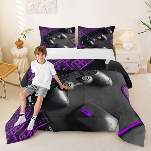 Feelyou Gamer Kids Comforter Set Full Size Gaming Bedding Set Game Room Decor Duvet Quilt for Kids Boys Girls Bedroom Gamepad Decor Purple Microfiber Ultra Soft Breathable