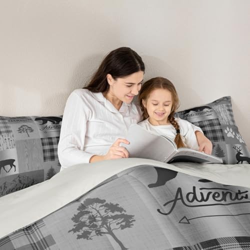 Castle Fairy Deer Bear Quilt Set Full,Grey Geometric Plaid Patchwork Comforter Set for Kids Teens Girls Room Decor,Pine Animals Plants Bedding Set Vintage Outdoor Adventure Duvet Insert,2 Pillowcases