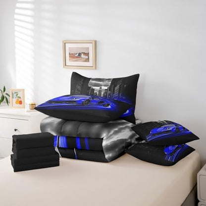 Feelyou Blue Race Car Comforter Set with Sheets Full Size Kids Speed Sports Car 7 Pieces Bedding Set for Boys Girls Teens Racing Car Bed in a Bag Extreme Sports Street Bed Set Gothic Modern City