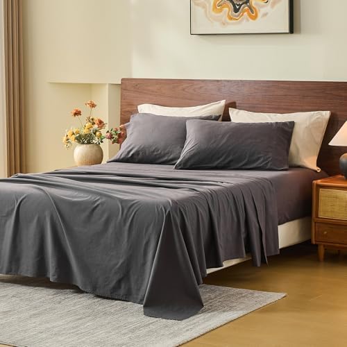 MEISHANG 100% French Linen Sheets Queen,6 Pcs,18-24" Extra Deep Pocket