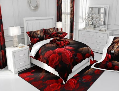 Lion Rose Comforter Set Queen Size,Tropical African Animal Bedding Set for Kids Teens Adults Room Decor,Wildlife Floral Nature Theme Duvet Insert 3Pcs,Red Flower Fierce Lion Quilt Set,2 Pillowcases