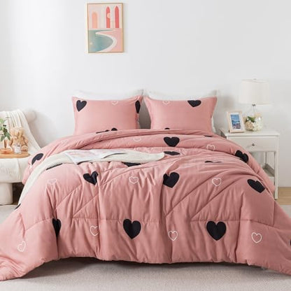 Caressma Pink Comforter Set Queen Size Black Heart 3pcs with Pillowcase