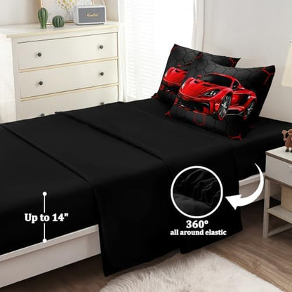 5 Pcs Race Car Twin Bedding Set for Boys, Red Sports Car Twin Boys Comforter Set with Sheets