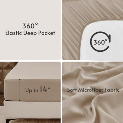 MUXHOMO 7 Pieces California King Comforter Set, Reversible Bed in a Bag Cal King Size, All Season Bedding Set with Comforter, Flat Sheet, Fitted Sheet, Pillowcases & Shams, Beige & Dark Linen