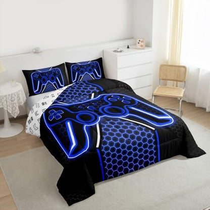 Feelyou Blue and Black Bedding Set King Size Gamer Comforter Set for Kids Game Controller Comforter Teens Honeycomb Duvet Set