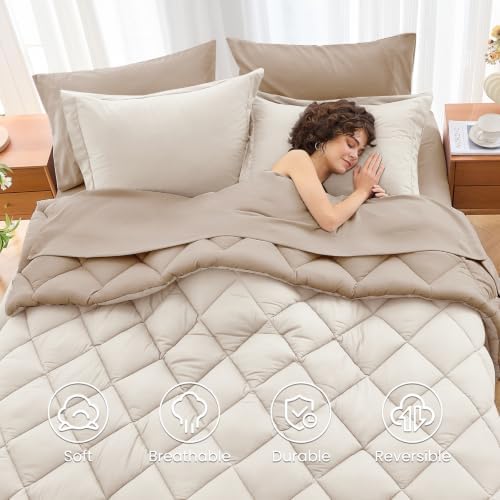 MUXHOMO 5 Pieces Twin XL Comforter Set, Reversible Bed in a Bag Twin XL Size, All Season Bedding Set with Comforter, Flat Sheet, Fitted Sheet, Pillowcases & Shams, Beige & Dark Linen
