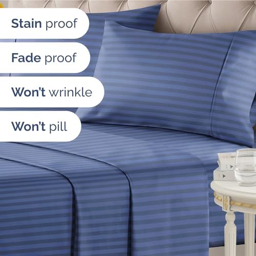 Twin XL 3 Piece Striped Sheet Set - Breathable & Cooling - Blue Stripes
