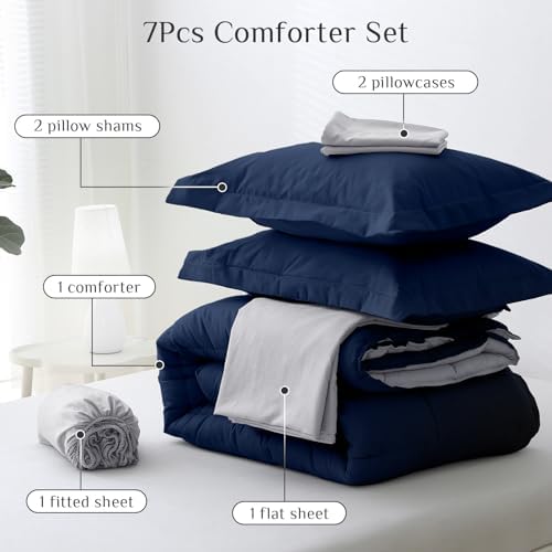 JOLLYVOGUE Oversized King Comforter Set, Ultra-Soft Bed in a Bag 7 Pieces, Oeko-TEX Certified Bedding Set with Down Alternative Comforter, Sheets, Pillowcases & Shams, Navy Blue & Light Grey