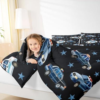 Erosebridal Police Car Comforter Set Toddler for Boys, Cartoon Car Bedding Set for Kids Teens Youth Men Bedroom, Policeman Vehicle Comforter, Star Black Quilt with 1 Pillowcase, 2 Pcs, Microfiber