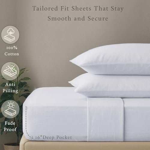 Threadmill - White Full Sheets Set, Soft 100% Cotton Cooling Sheets Deep Pockets Snug Fit Elastic, 500 Thread Count, 4-Pc, Beats Egyptian Cotton Claims (Solid - Pure White)
