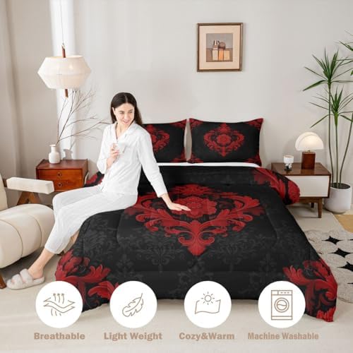 Feelyou Red Gothic Comforter Set King Size Vintage Damask Boho Bedding Set for Kids Boys Girls Exotic Victorian Duvet Quilt Bedroom Decor Microfiber 3 Pcs with 2 Pillow Cases