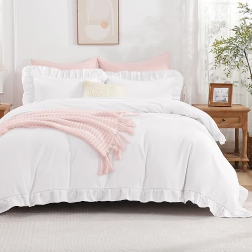 Andency White Ruffle Duvet Cover Queen, Shabby Chic Farmhouse Bedding Set