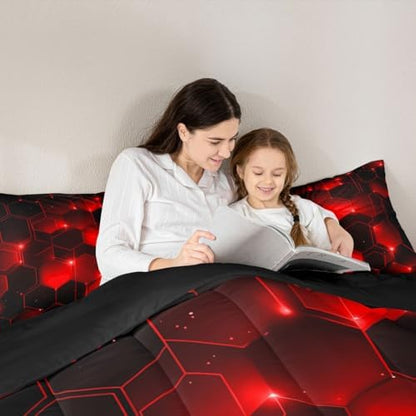Feelyou Honeycomb Bedding Set Full Size, Beehive Geometric Black Red Comforter Set Geometrical Comforter for Kids Boys Girls Teens Geometric Honeycomb Duvet Set Durable Quilt Set Full Size