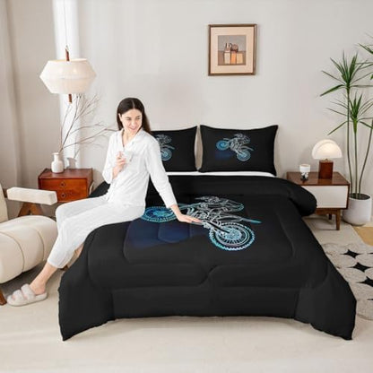 Feelyou Neon Blue Dirt Bike Comforter Set Off-Road Sport Bedding Set with 2 Pillow Cases Neon Line Design Kids Full Outdoor Sports Room Decor Motocross Art Duvet Quilt Breathable Soft Lightweight