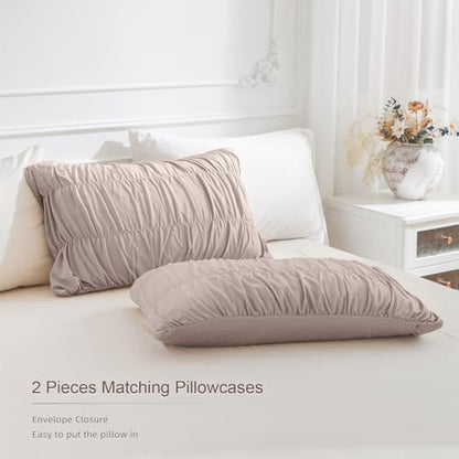 Masaca Oversized King Comforter 120x120,3 Pieces Taupe Ruched Comforter Extra Large,Ruffle Cal King Bed Comforter Oversized Lightweight Shabby Farmhouse Bedroom Bedding Set Ultra Soft