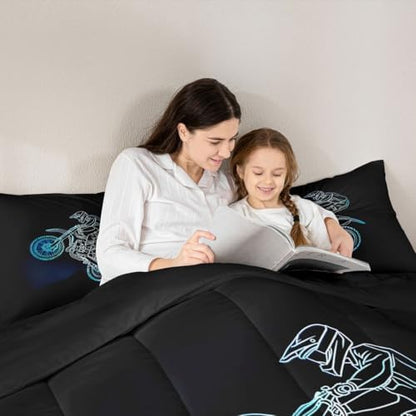 Feelyou Neon Blue Dirt Bike Comforter Set Off-Road Sport Bedding Set with 1 Pillow Cases Neon Line Design Kids Toddler Outdoor Sports Room Decor Motocross Art Duvet Quilt Breathable Soft Lightweight