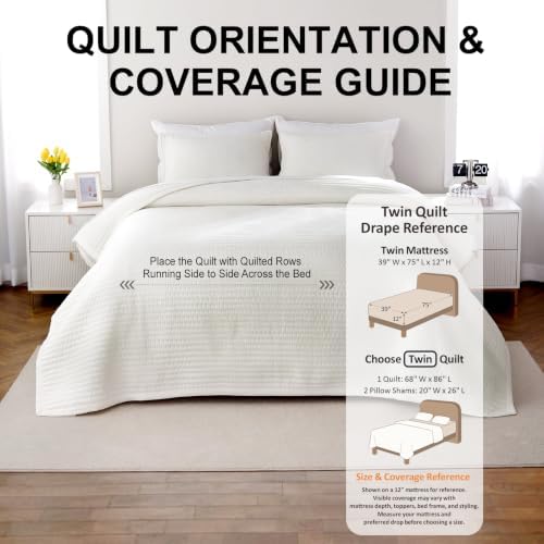 Twin Quilt Set 68 x 86 in, Lightweight, Cream White