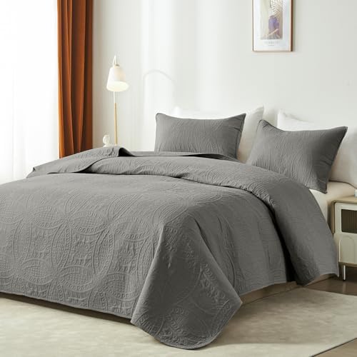 akkialla Dark Grey King/Cal King Quilt Set, Ultrasonic Lightweight Bedspread Coverlet for Modern Minimalist Bedroom, Soft Microfiber Coin Pattern Bedding, 3-Piece (1 Quilt, 2 Pillow Shams)