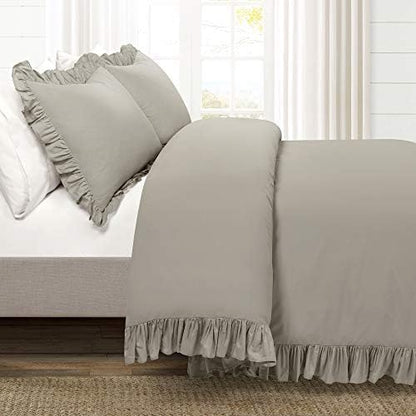 Lush Decor Reyna Ruffle Cotton Duvet Cover Set 3 Piece Set King, Gray - King Size Bedding Set - Gray Duvet King- Ruffled Bedding - Coquette Decor