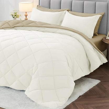 MUXHOMO 7 Pieces Full Comforter Set, Reversible Bed in a Bag Full Size, All Season Bedding Set with Comforter, Flat Sheet, Fitted Sheet, Pillowcases & Shams, Ivory & Khaki