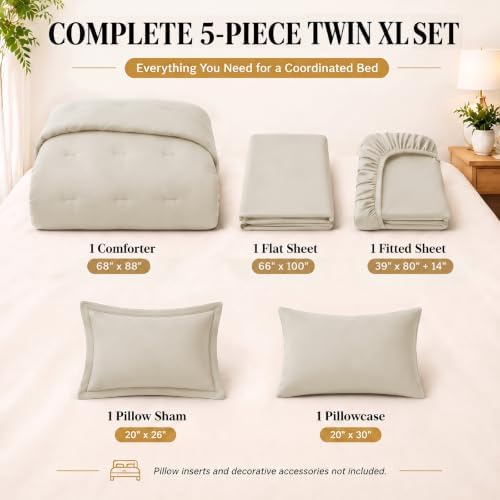 CozyLux Twin XL Comforter Beige, 5 Pieces Bed in a Bag