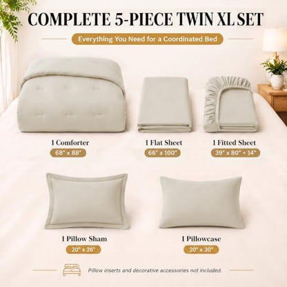 CozyLux Twin XL Comforter Beige, 5 Pieces Bed in a Bag