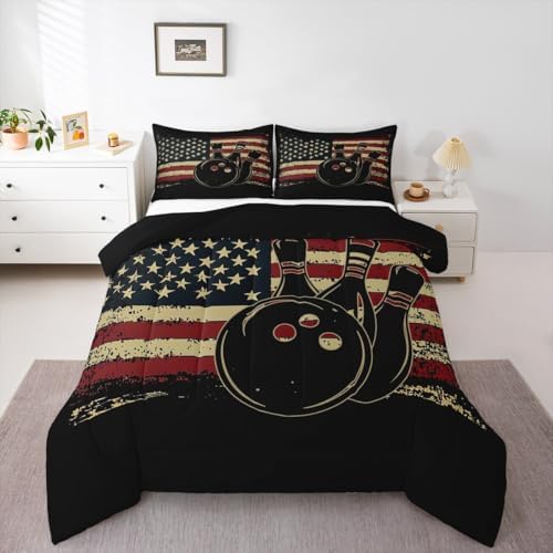 Erosebridal American Flag Comforter Bowling Bedding Twin 2pcs Sports Games Down Comforter for Boys Girls Bedroom Red and White Striped Comforter Set Retro US Flag Decorations, Lightweight Soft