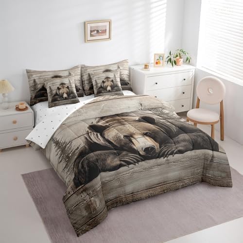 Erosebridal 7 Pcs Grizzly Bear Bedding Set Twin Hunting Bear Comforter Set for Kids Boys Girls Rustic Woodland Cabin Bed in a Bag Vintage Farmhouse Animal Sheet Set with Comforter Pine Tree Decor