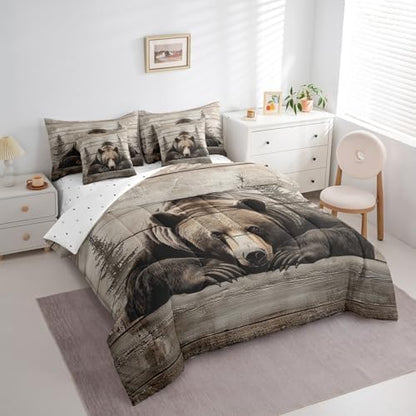 Erosebridal 7 Pcs Grizzly Bear Bedding Set Twin Hunting Bear Comforter Set for Kids Boys Girls Rustic Woodland Cabin Bed in a Bag Vintage Farmhouse Animal Sheet Set with Comforter Pine Tree Decor