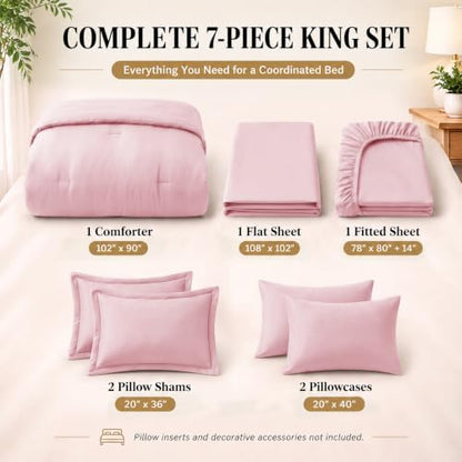 CozyLux King Size Comforter Set Pink, 7 Pieces Bed in a Bag