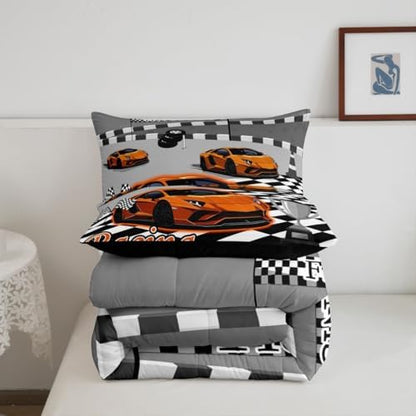 Feelyou Boys Race Car Bedding Set Soft for Boys Girls, Speed Sports Car Comforter Set Queen Size Orange Racing Duvet Quilt Microfiber Extreme Sports Bedroom Decor Automobile 3 Pcs with 2 Pillow Cases