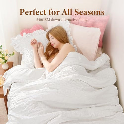 JOLLYVOGUE White Twin/Twin XL Comforter Set, 2 Pieces Seersucker Lightweight Fluffy Bedding Set, Twin Ruffle Comforter, All Season Soft Microfiber Shabby Chic Bed Set