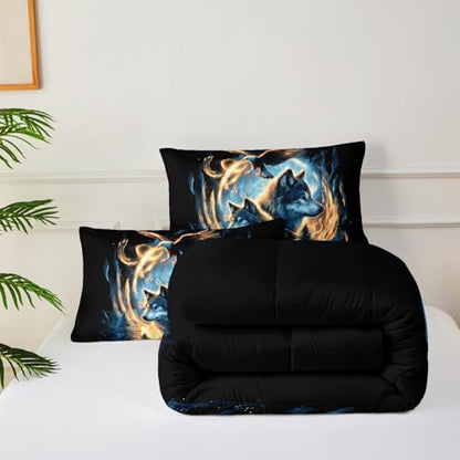 Moon Wolf Comforter Set Queen for Teen Boys Girls,Howling Wolves Comforter Forest Eagle Bed Set,Wild Animals Bedding Set for Kids Bedroom Decor,All Seasons