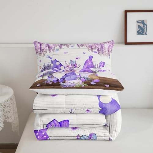 Manfei Cute Gnomes Comforter Set Queen Size, Purple Vine Flower Butterfly Quilt Set with 2 Pillowcases, Lavender Bouquet Bedding Set 3pcs for Kids Boys Girls Grey Wood Plank Duvet Insert