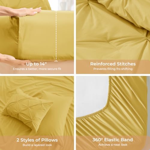 Sasttie Queen Comforter Set, 7-Piece Bed in a Bag, Pintuck Bedding Sets for All Season, Includes Comforter, Flat Sheet, Fitted Sheet, Pillowcases and Pillowshams, Mustard Yellow