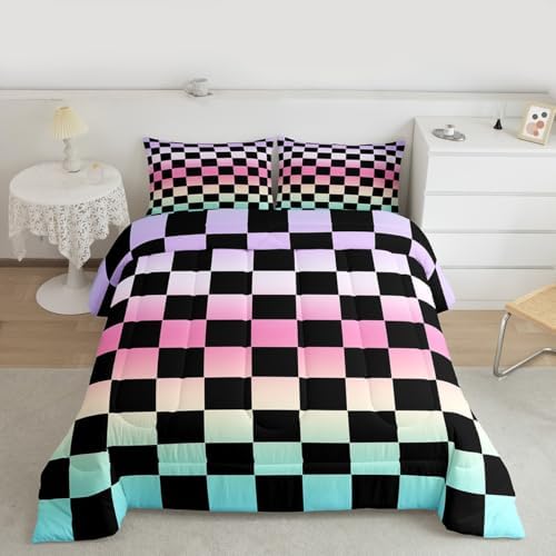 Multicolored Checkered Retro Comforter Set Queen Size Geometric Vintage Bedding Set for Kids Boys Girls Gradient Pink Green Duvet Quilt Modern Groovy Aesthetic Bedroom Decor 3 Pcs with 2 Pillow Cases