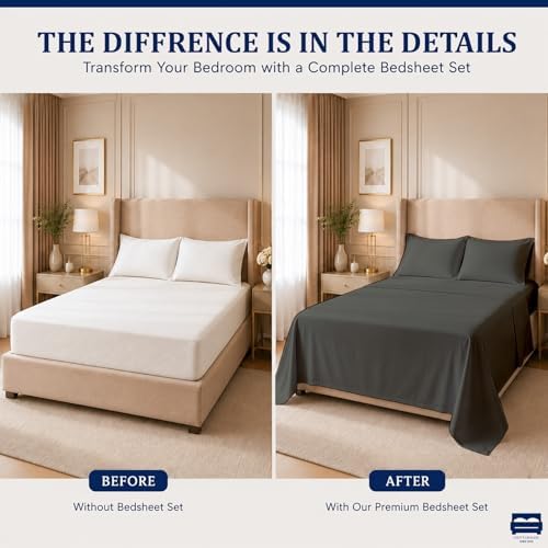 4 Piece Full XL Dorm Bedding Set for College, Egyptian Cotton, Dark Grey