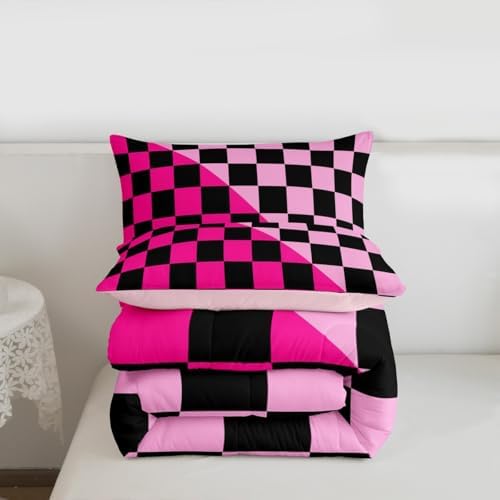 Checkered Retro Comforter Set All Season Modern Geometric Cute Bedding Set with 2 Pillow Cases Rose Pink Light Pink Kids Queen Bedclothes Vintage Simple Groovy Aesthetic Bedroom Decor Duvet Quilt
