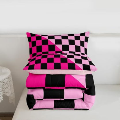 Checkered Retro Comforter Set All Season Modern Geometric Cute Bedding Set with 2 Pillow Cases Rose Pink Light Pink Kids Queen Bedclothes Vintage Simple Groovy Aesthetic Bedroom Decor Duvet Quilt