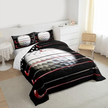 Erosebridal Golf Comforter Set for Men, American Flag Bedding Golf Shape Pattern Quilt Full Size, Sports Games Stars Stripes Bedding Comforter Sets with 2 Pillow Cases, Golf Decor for Home, Black Red