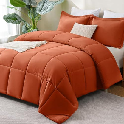 CozyLux King Size Comforter Set, 3-Piece Box-Stitched, Burnt Orange