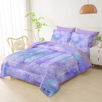 QOOMO Purple Galaxy 7 Pieces Comforter Set Queen,Purple Star Bedding Set