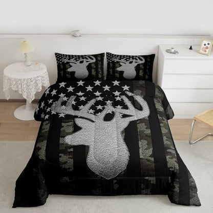 American Flag Queen Comforter Set,Army Green Camouflage Grey Antlers Down Comforter for Man Adult,Camo Deer Hunting Animal Camper Bedding Set Stars Stripes USA Flag Quilt,Farmhouse Style
