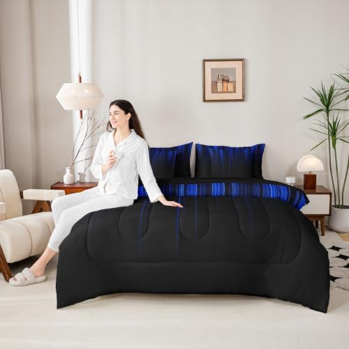 Feelyou Neon Blue Comforter Set with Sheets 7 Piece Twin Size Geometric Bed in a Bag Kids Boys Girls Ombre Bedding Set Bedroom Decor Breathable Soft Lightweight Microfiber