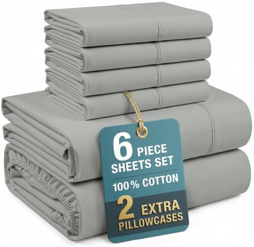 Casa Platino Bed Sheets Cal King – 100% Cotton Cal King Size Bed Sheet Set with 4 Pillowcases, Cool and Soft Percale Fabric, All-Season Comfort, Ultra Soft with 15" Deep Pocket Fitted Sheet – Grey